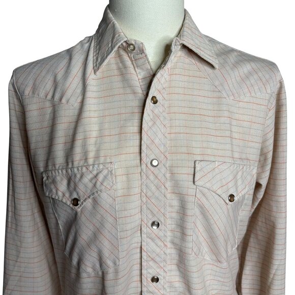 Vintage 70s H Bar C Pearl Snap Western Shirt 15.5 x 33 Beige Plaid Long Tail - Picture 2 of 6